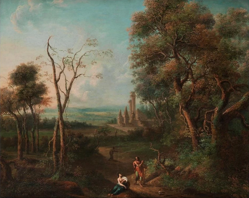 Paesaggio arcadico con rovine e figure
